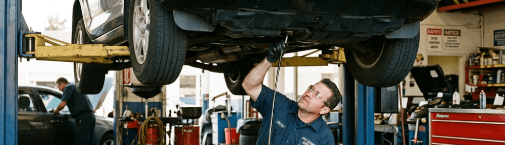 Mechanic draining engine oil from a Toyota SUV raised on a car lift